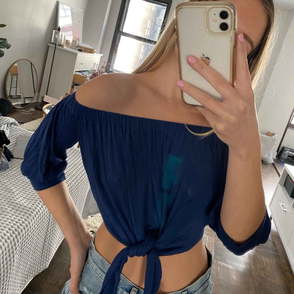 Blue Greece tie front crop top